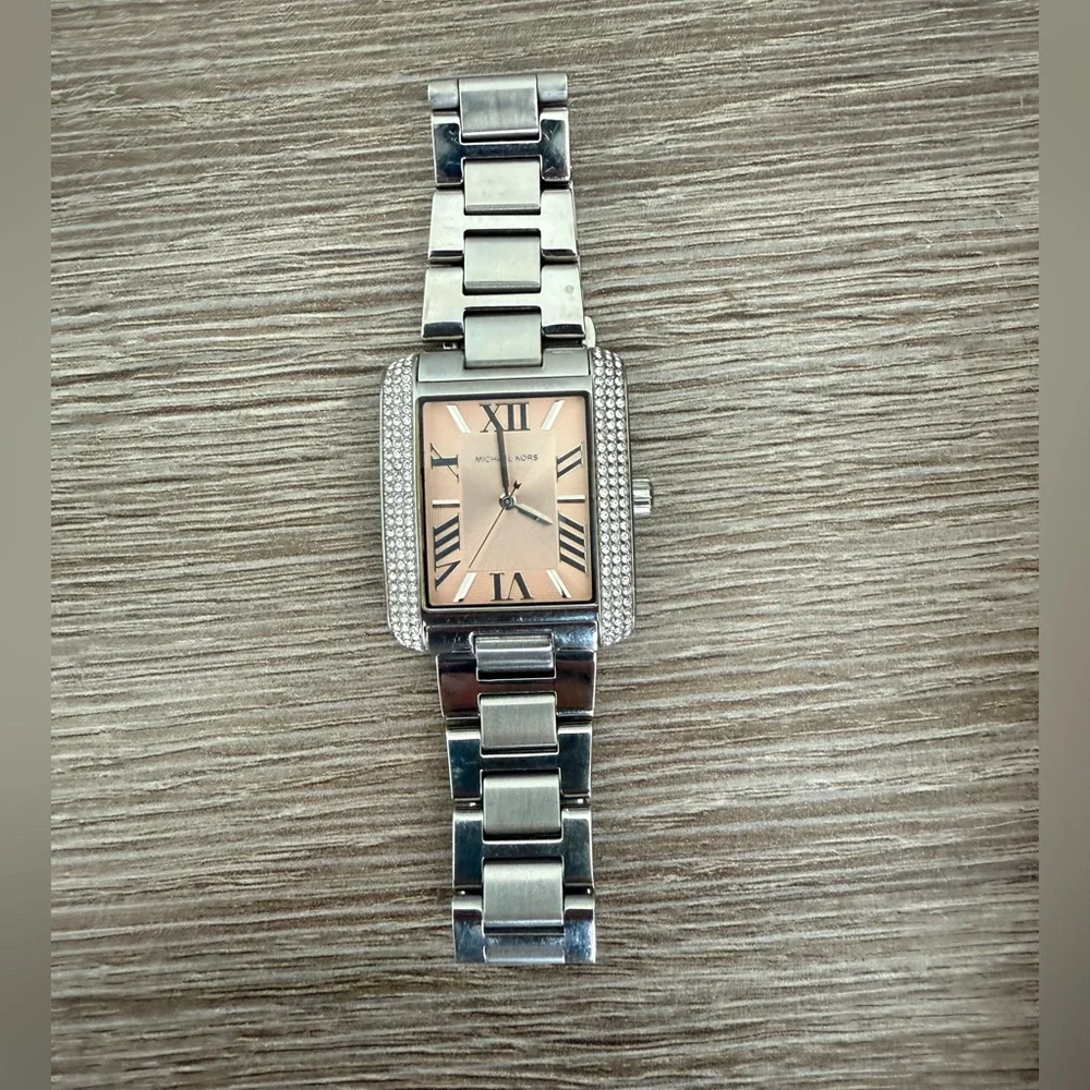 Michael Kors Pink and Silver Stainless Steel Rectangular Bracelet Watch
